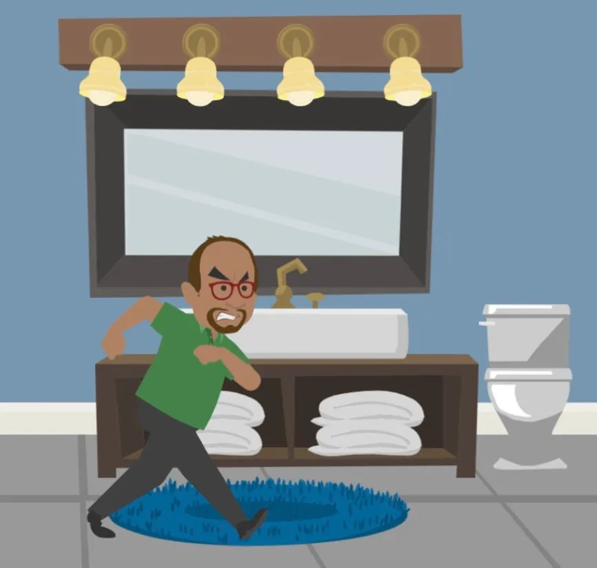Cartoon of a man hurrying to the bathroom